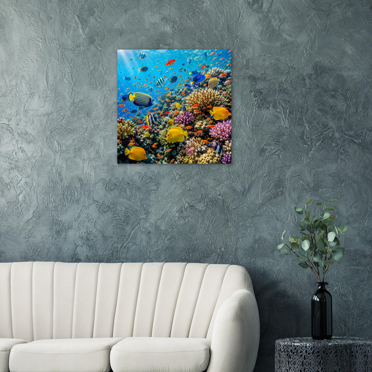 Korallenriff-Poster mit tropischen Fischen im blauen Korallenmeer, quadratisch