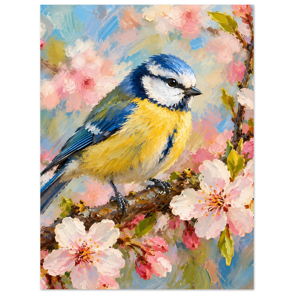 Vogelpocster im Hochformat: blauer und gelber Vogel, detailreiche rosa Blüten im Hintergrund