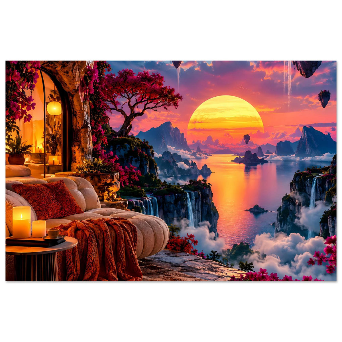 Poster: surreale Landschaft mit großer Sonne über ruhigem Wasser, Wasserfällen und Blüten.
