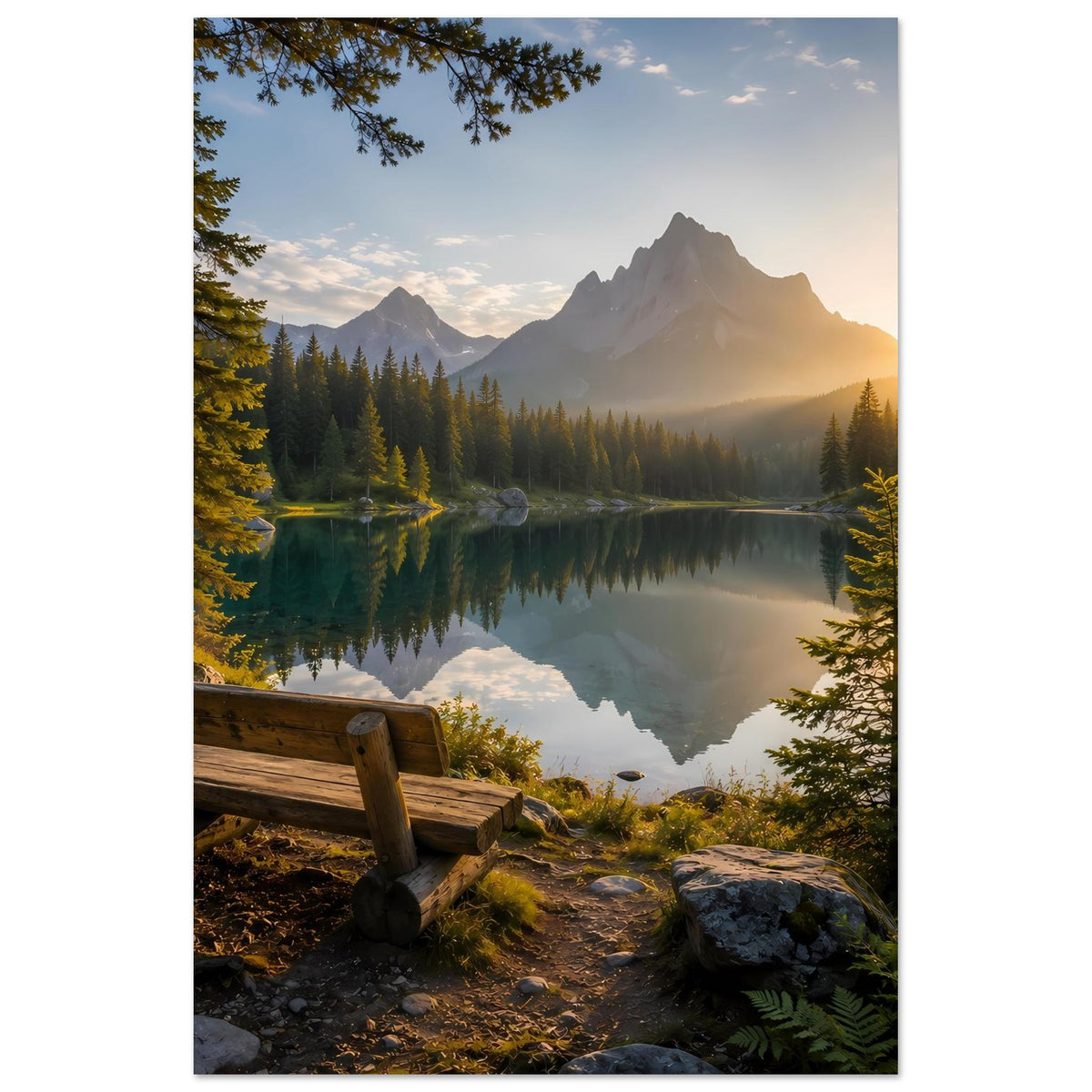Poster im Hochformat mit Bergsee bei Sonnenaufgang, reflektierenden Bergen und Nadelbäumen