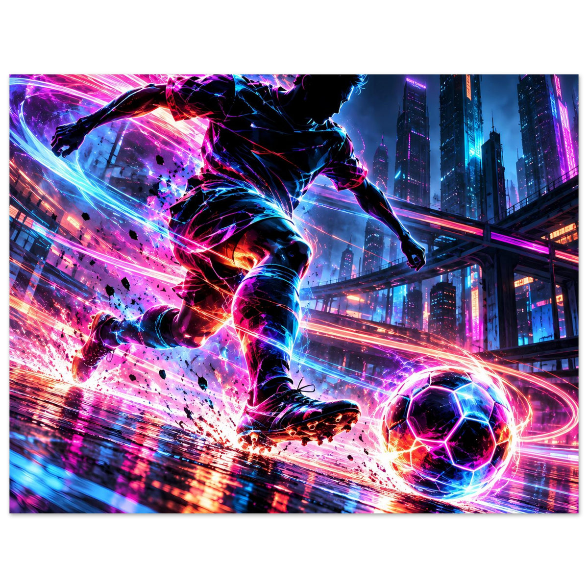 Neon-Soccer-Actionposter im Querformat: Action-Fußball mit Leuchtsignalen, Spieler und Neonstadt
