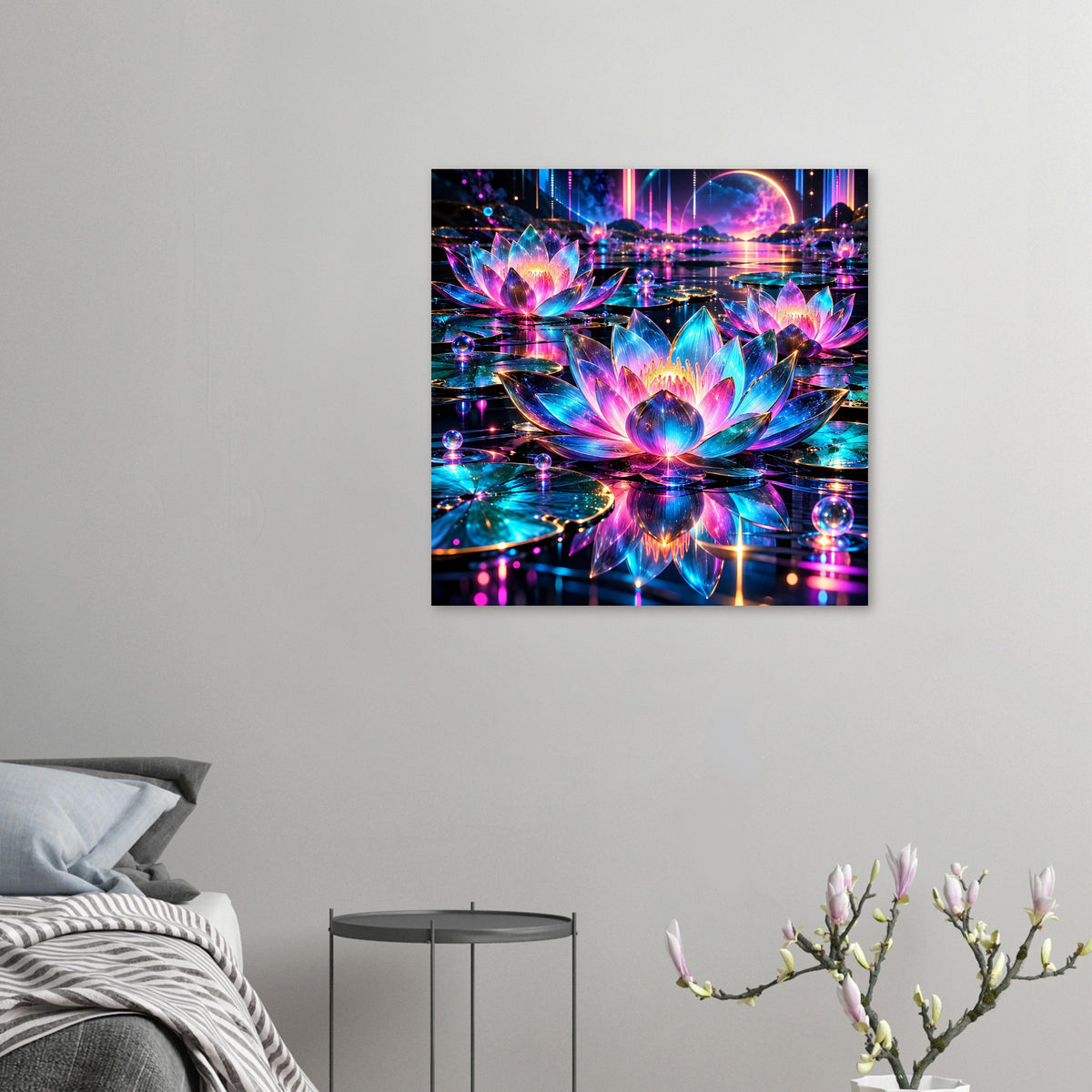 Neon-Lotus Poster, quadratische Ansicht: einzelne Lotusblüte mit bunten Neon-Lichteffekten