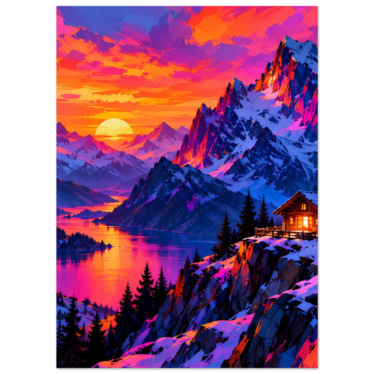 Hochkant-Poster mit Sonnenuntergang über Bergkette, Bergsee im Farbverlauf und Winterhütte