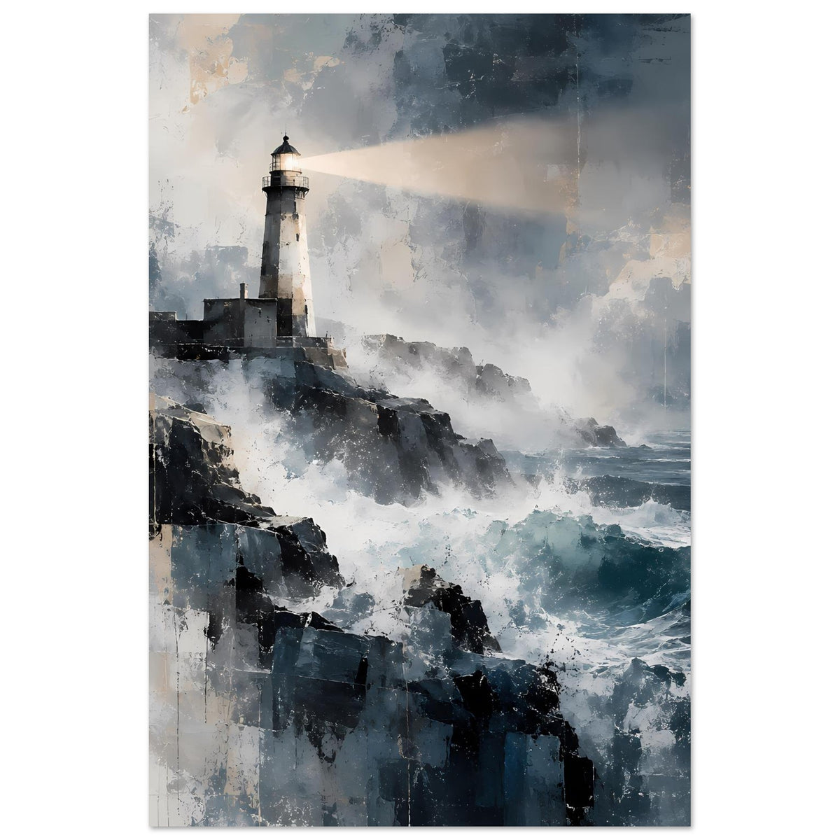 Maritimes Poster mit Leuchtturm auf Felsen an der Küste, stürmische Wellen in Blau-Grau