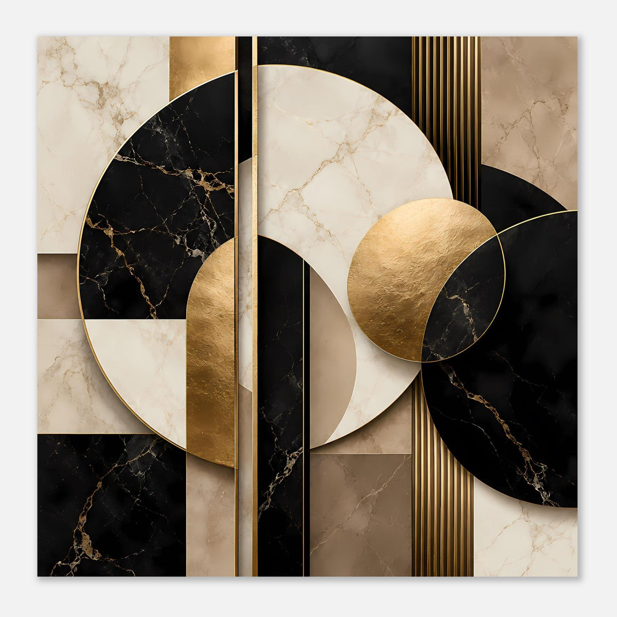 Geometrisches Marmor-Gold-Poster mit zentralem Balken, goldener Rundform und schwarz schimmerndem Marmor