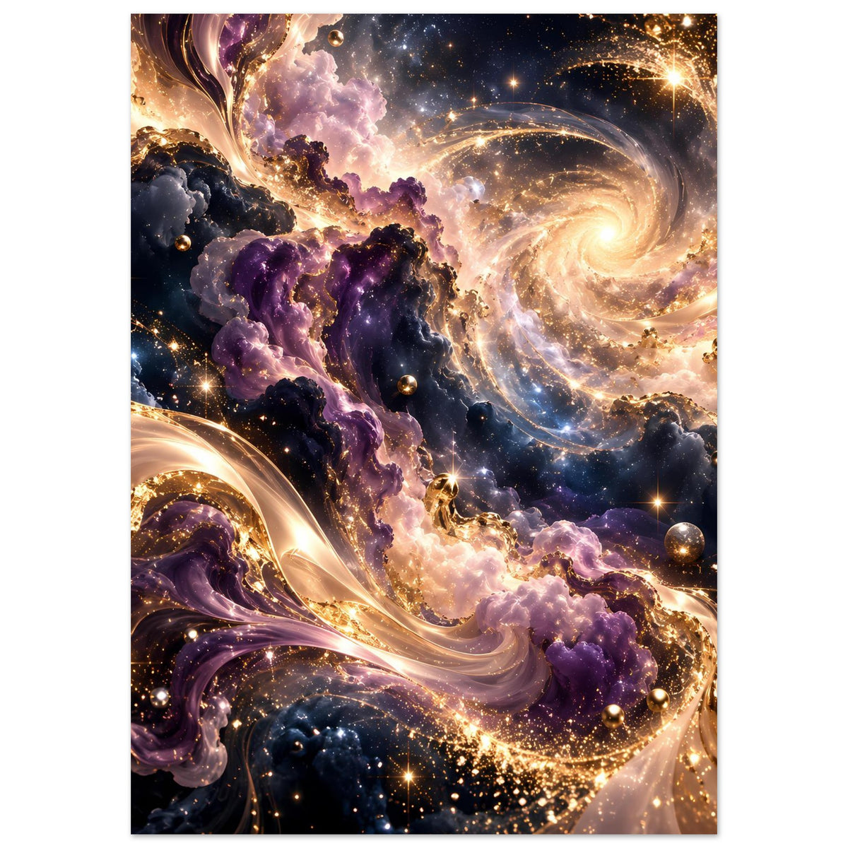 Premium-Kunstdruck im Hochformat mit goldenen Ranken, violetten Nebeln und Planeten