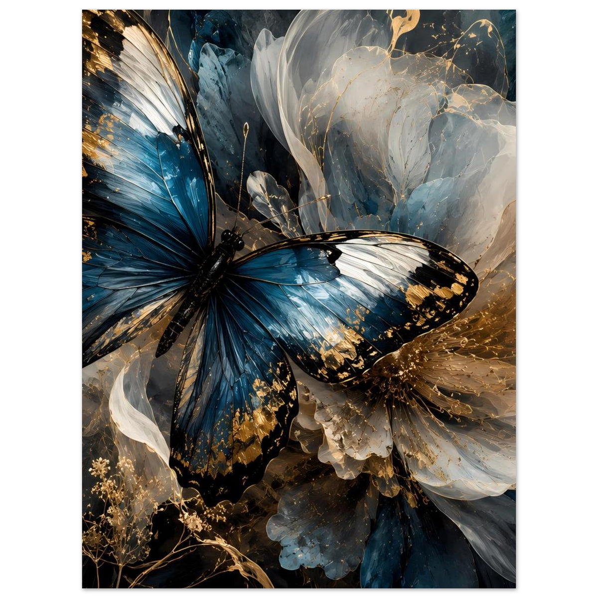Luxuriöses Premium-Poster mit blauem Schmetterling, weißen Flügeln und goldenen Akzenten
