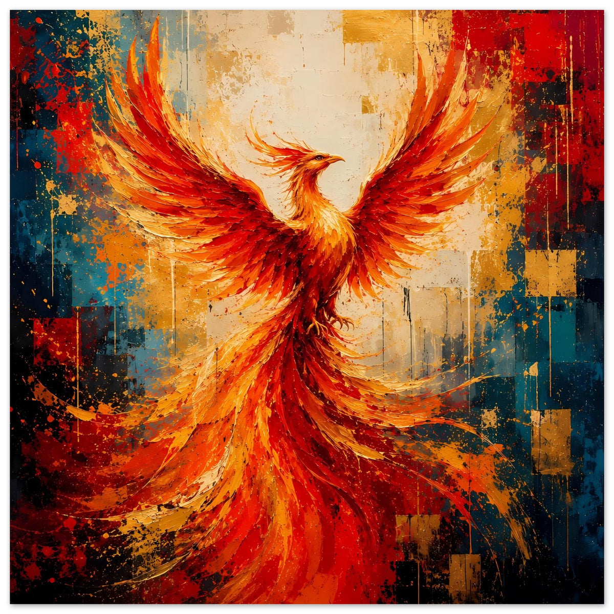 Wandposter mit leuchtendem Phönix, flammend roten und orangefarbenen Flügeln, abstrakte Illustration