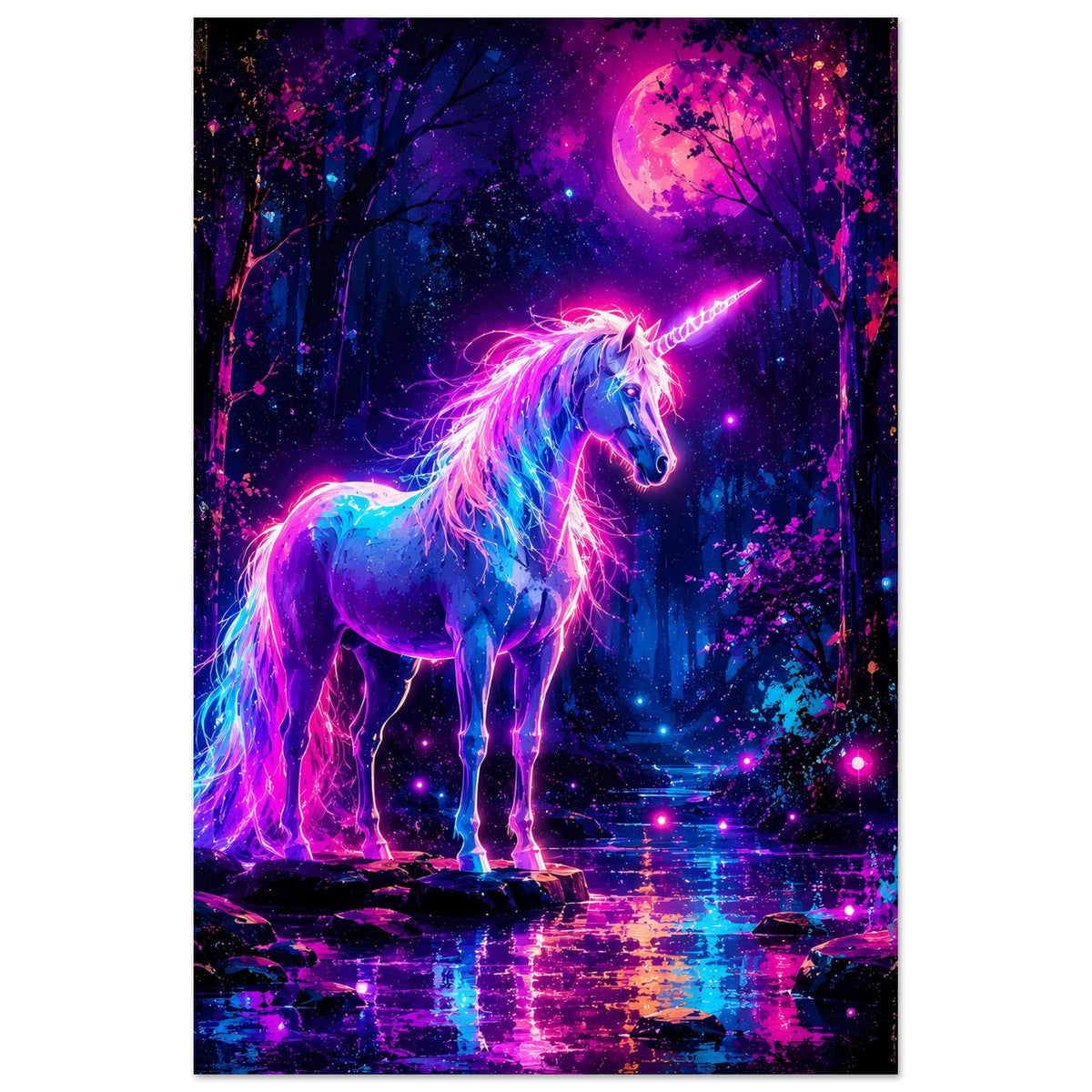 Hochformat-Poster mit Neon-Einhorn, violett-blauer Glühkontur und Mondsichel