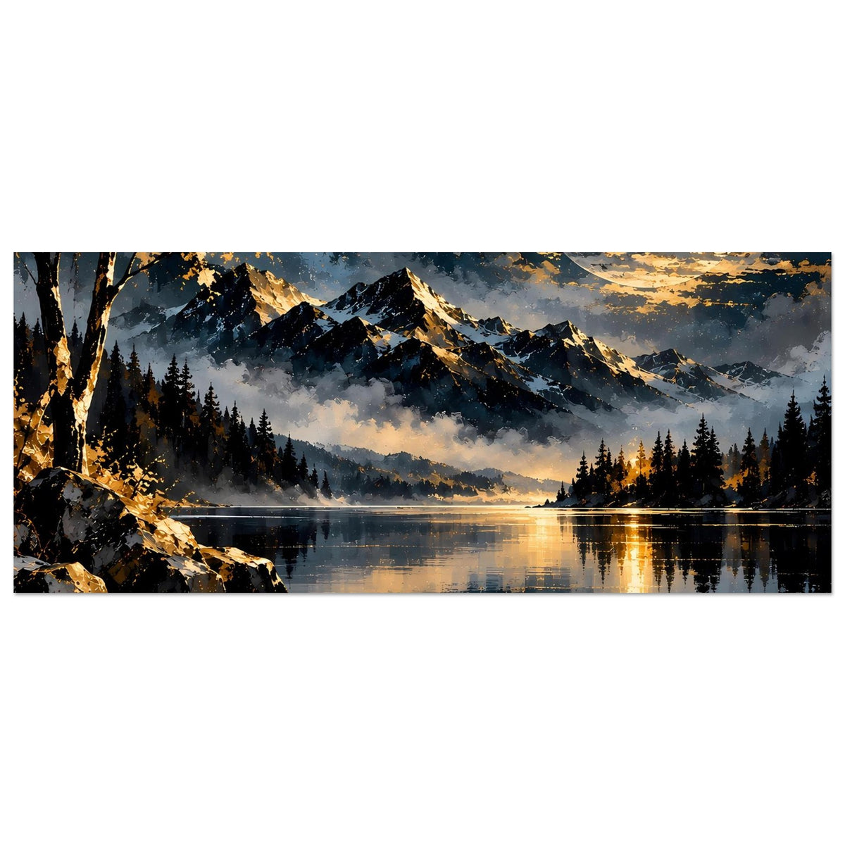 Horizontales Poster mit Mondlandschaft, Bergsilhouette, See und Goldreflexen