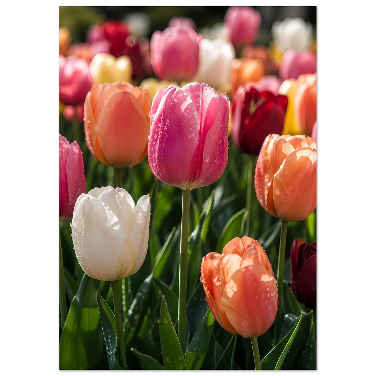 Blumenposter mit Tulpenmotiv: pink-orangefarbene Tulpen, links weiße Blüte, Tropfen