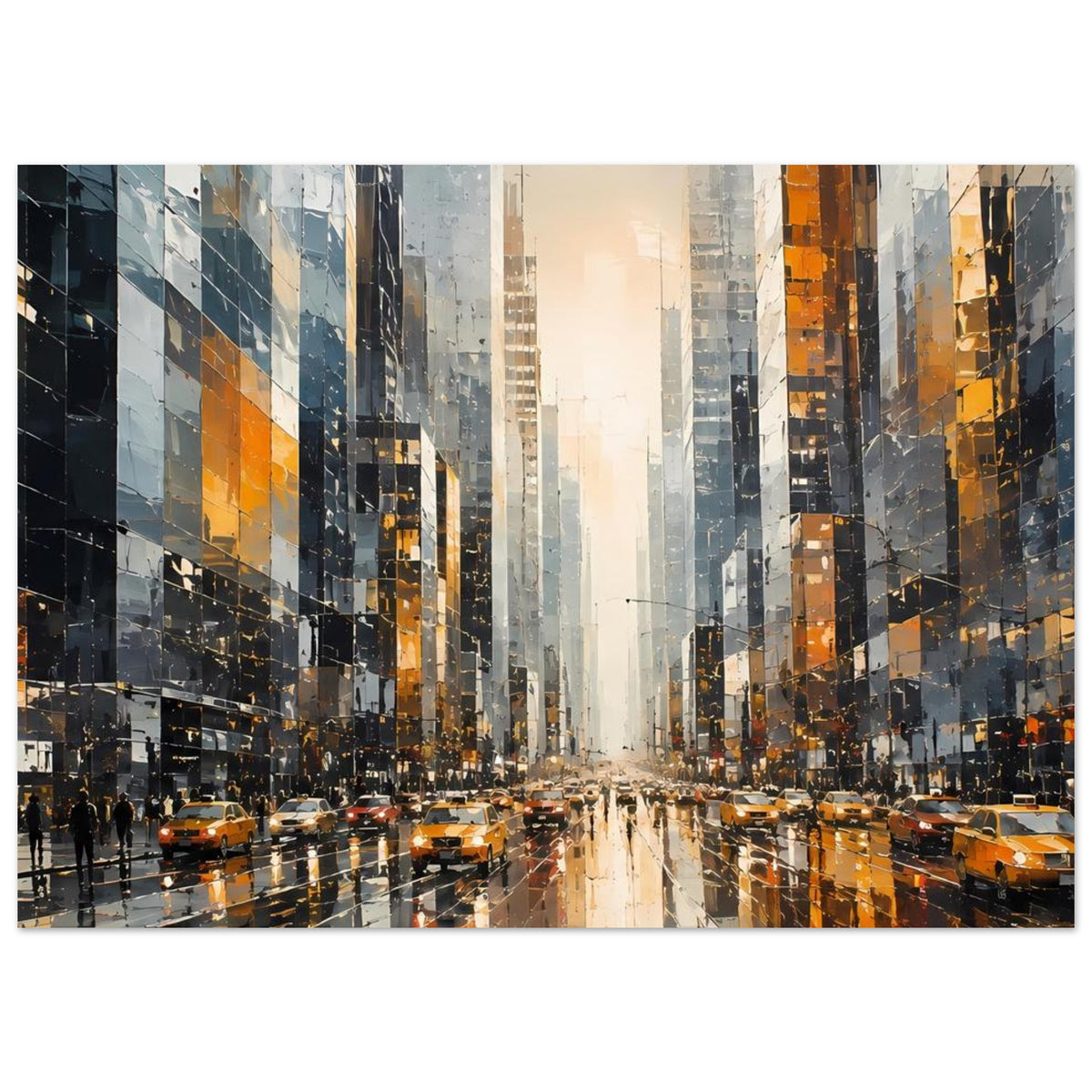 Stadtposter horizontal: gelbe Taxis und nasse Straße zwischen Hochhäusern, Licht an den Fassaden