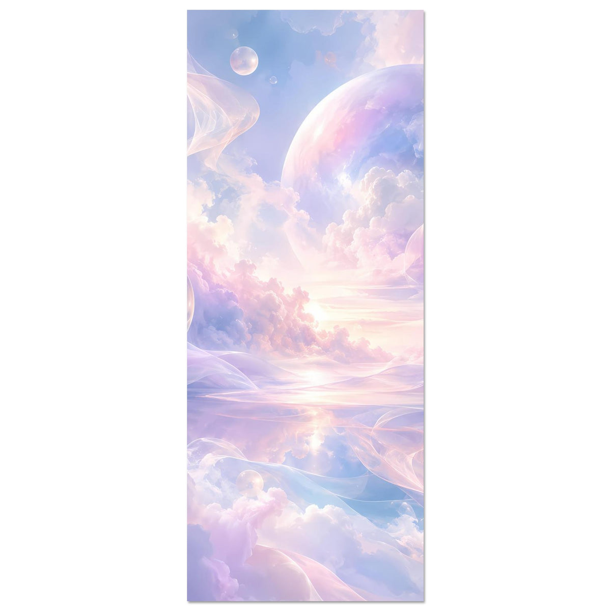 Hochformat-Poster mit Pastellwolken, Kugel-Elementen und warm schimmerndem Sonnenhorizont