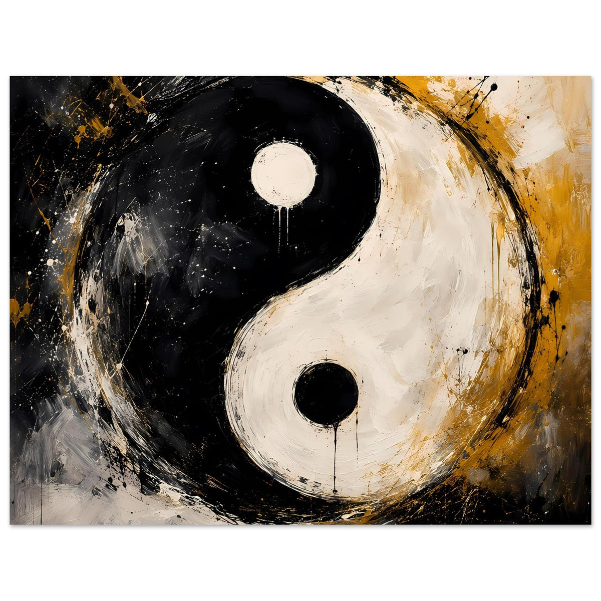 Abstraktes Yin-Yang Poster: schwarzer und weißer Kreis mit goldenen Akzenten und Spritzmustern