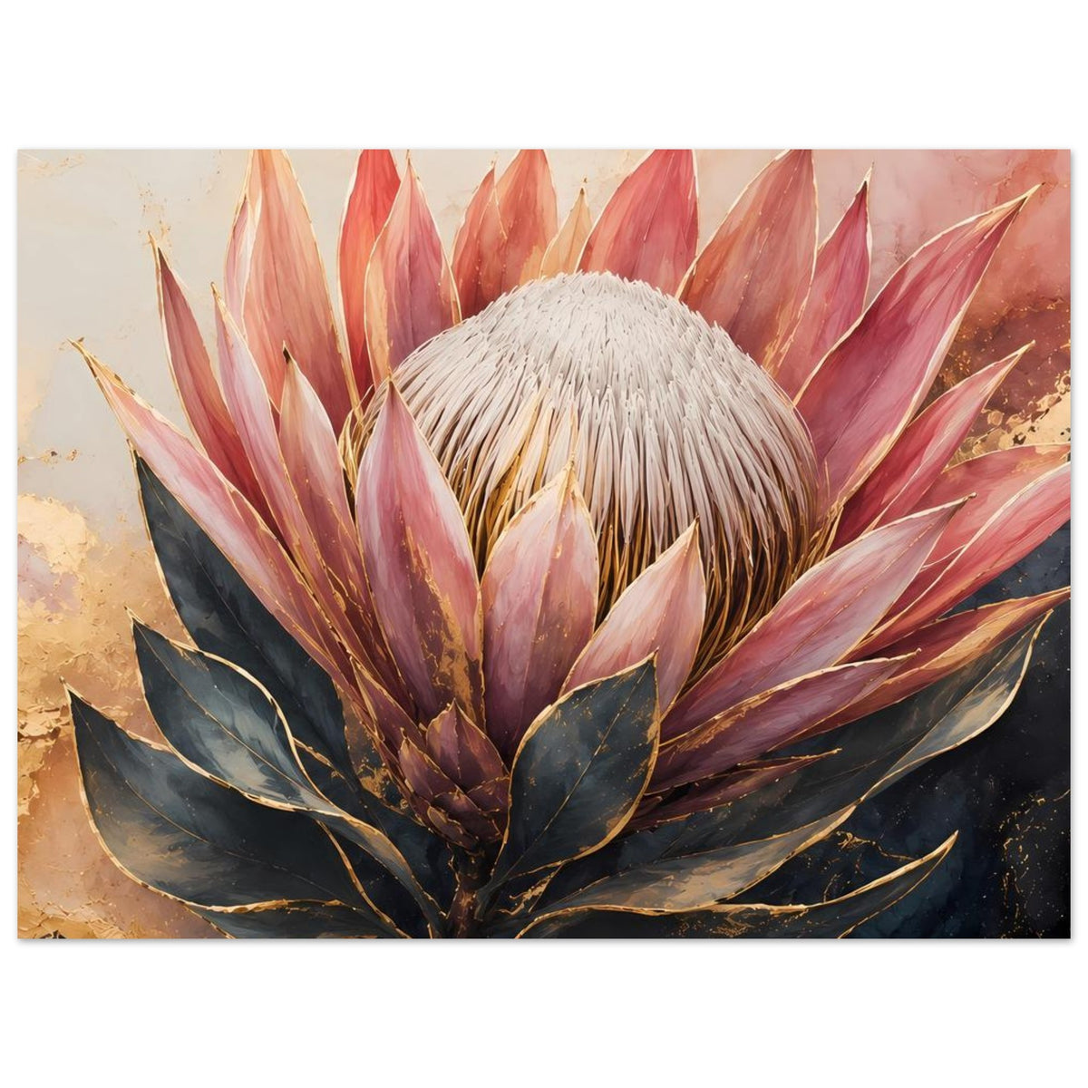 Botanisches Poster mit Königsprotea in Altrosa und Gold, Blütenkopf über dunkelblauem Blattwerk