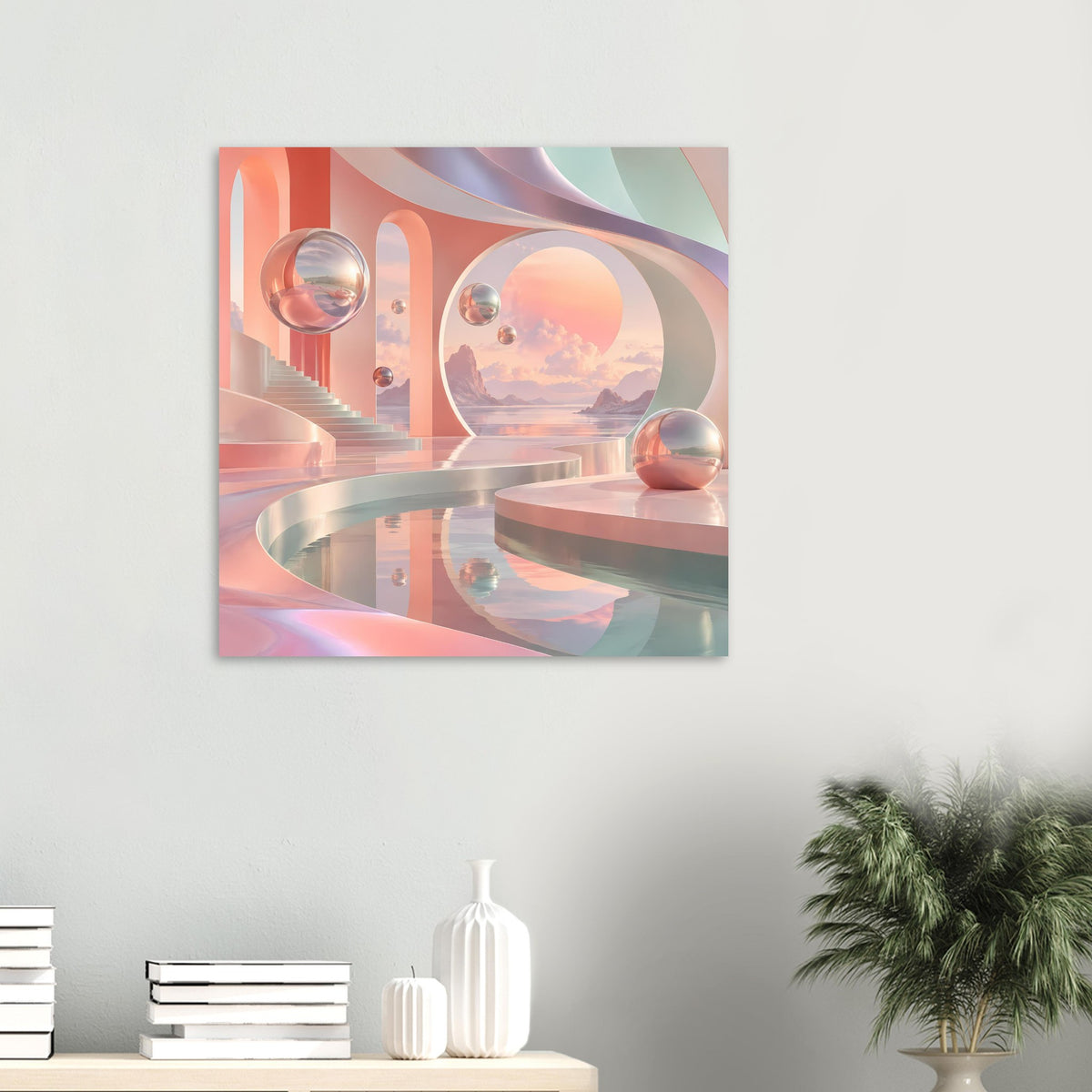 Quadratisches Poster mit surreale Pastell-Landschaft und spiegelnden Kugeln