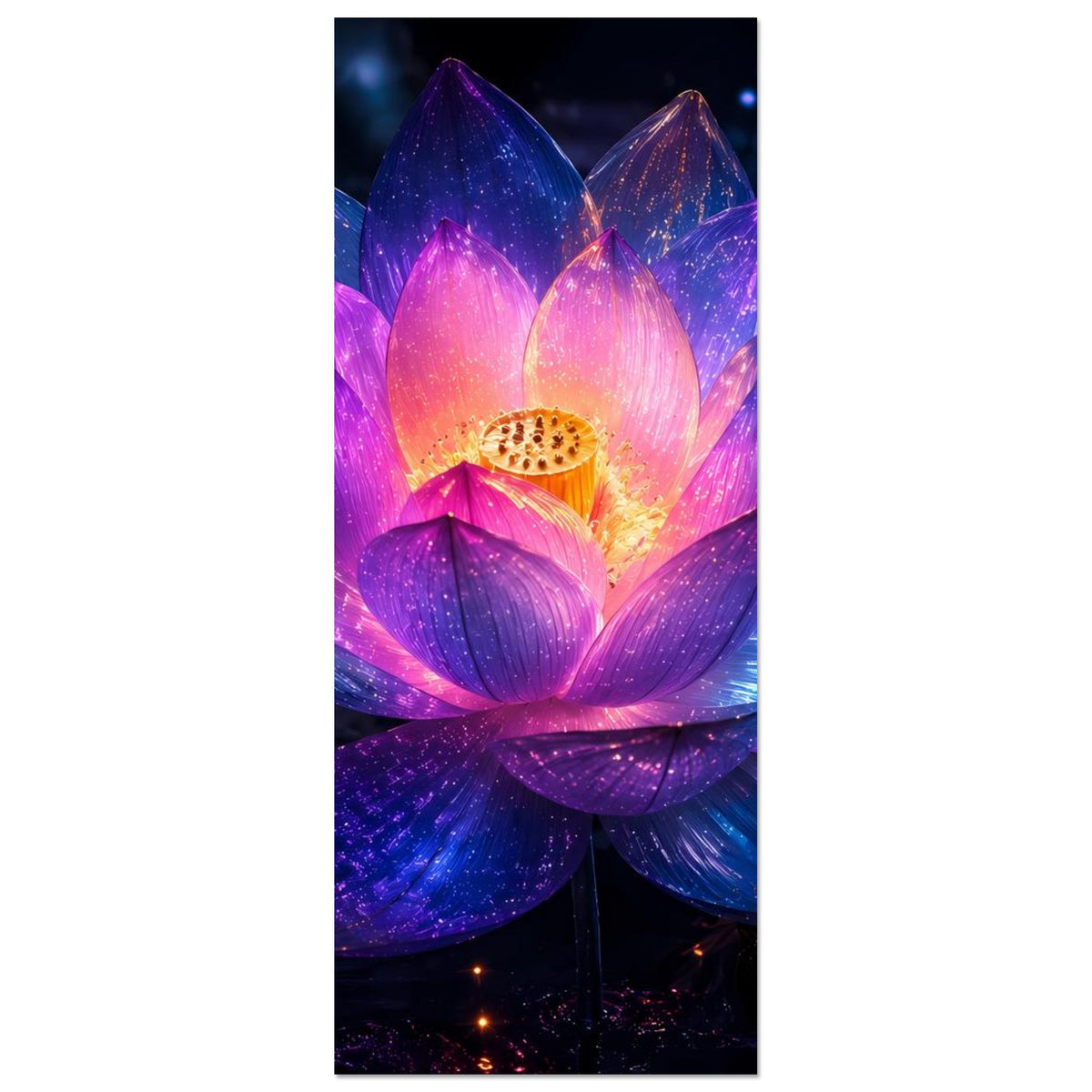 Leuchtendes Lotusblumenposter im Hochformat mit lila-blauer Lotusblüte und goldenem Kern
