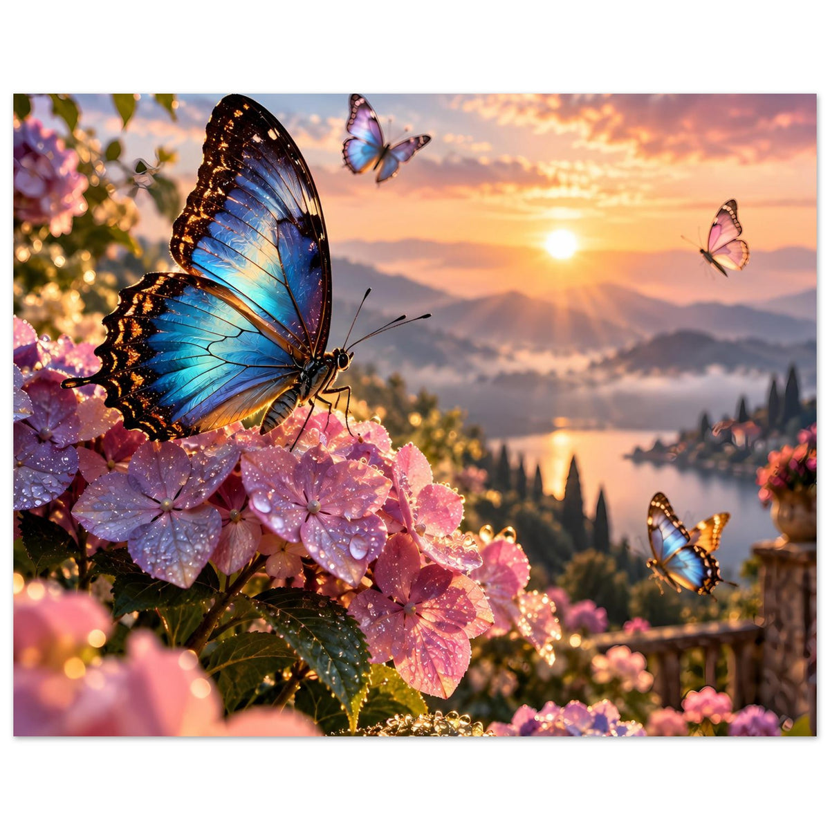 Poster mit blauem Schmetterling auf rosa Blüten, mehrere Falter im warmen Sonnenuntergang