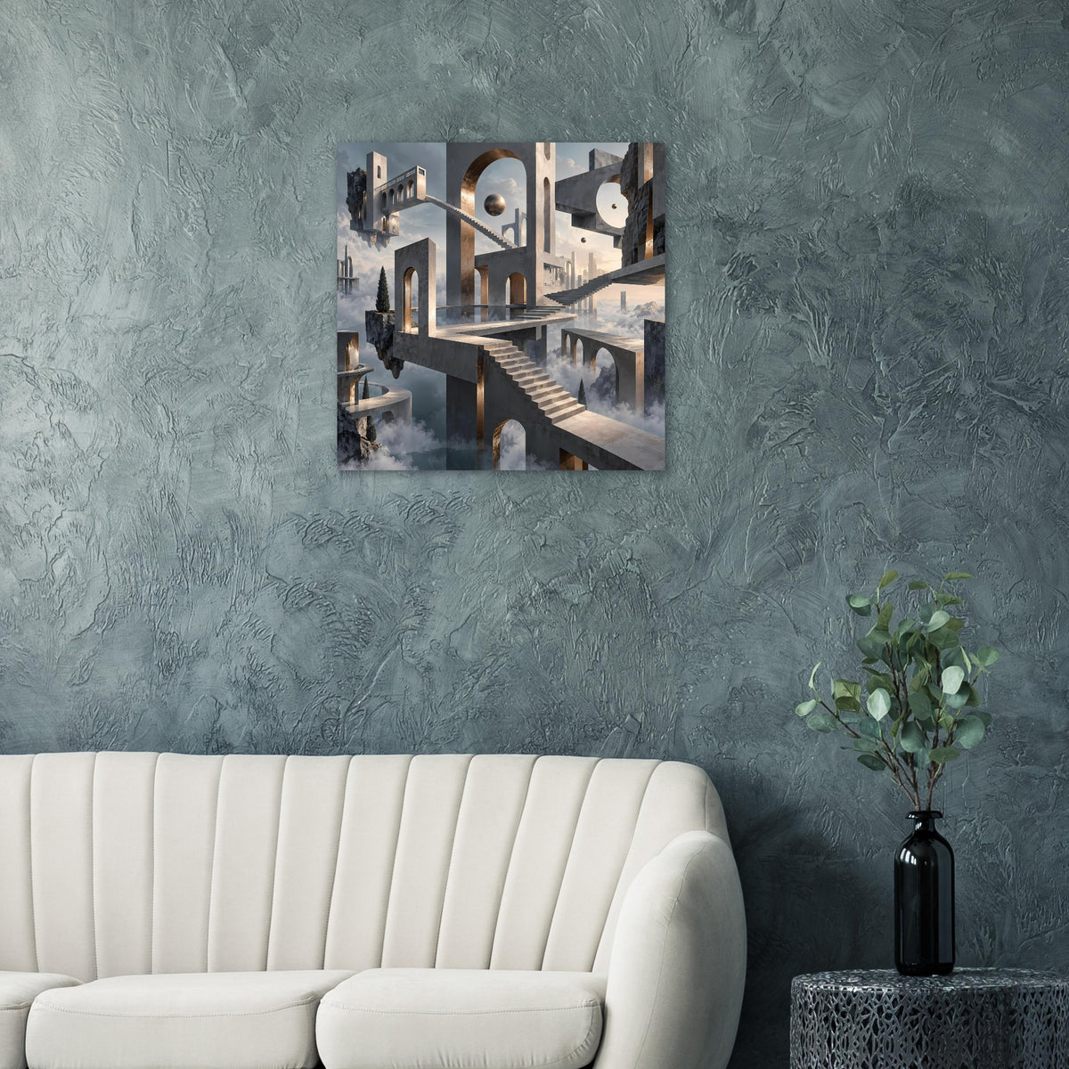 Architekturposter: surrealer Treppenraum mit Torbögen und goldenen Akzenten