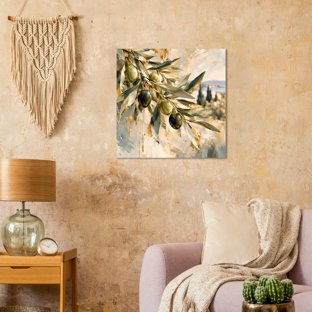 Wandposter mit Olivenzweigen, grünen Oliven und goldenen Blättern im Kunststil