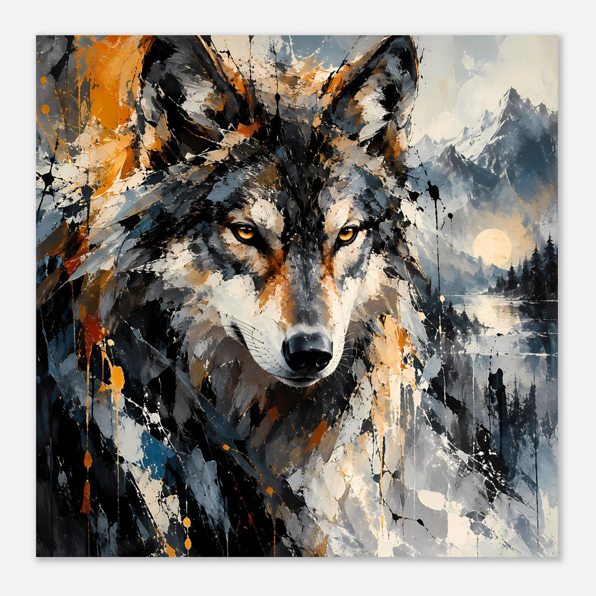Wolf-Kunstposter, großflächiges Wolfsgesicht, orange Akzente, graue Pinselstriche und Spritzer