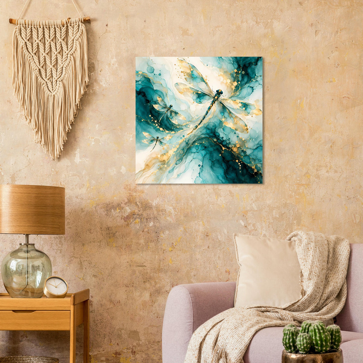 Abstraktes Libellen-Kunstposter in Türkis und Gold, schimmernde Farbverläufe, quadratisch