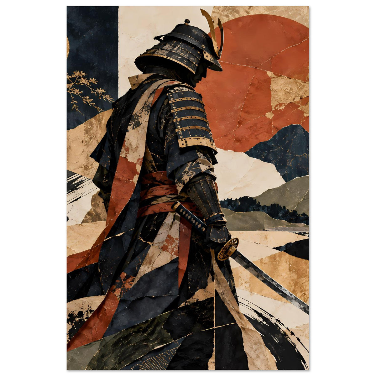 Poster mit Samuraisilhouette in schwarzer Rüstung und Schwert, erdige Berg- und Kreisgrafik.
