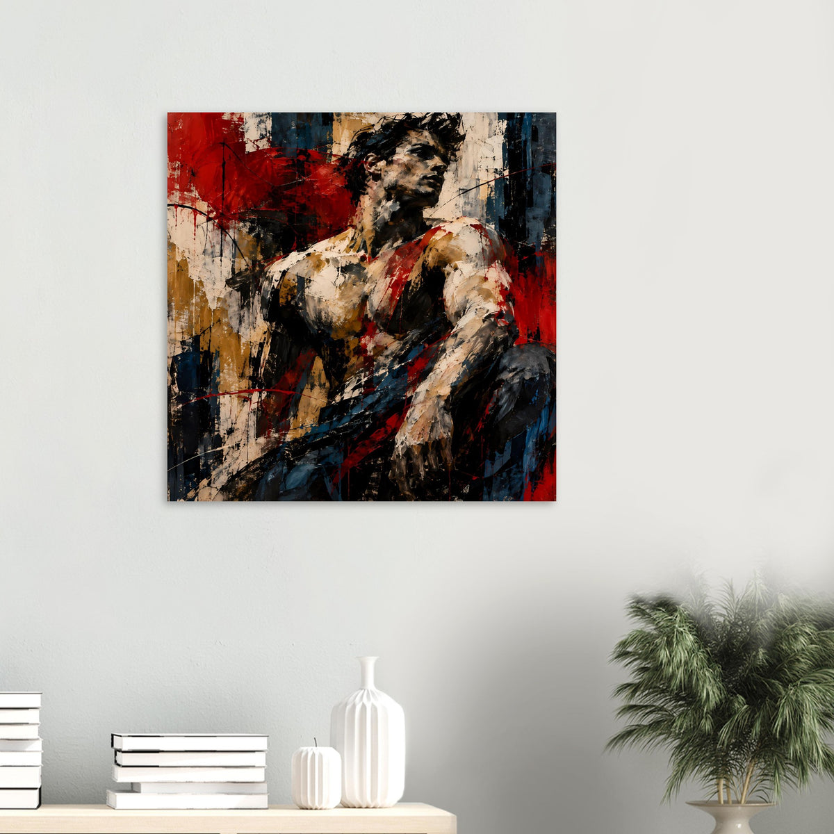 Gerahmtes Abstraktposter mit Figur im Querformat, Rot, Creme und Dunkelblau, Wandansicht