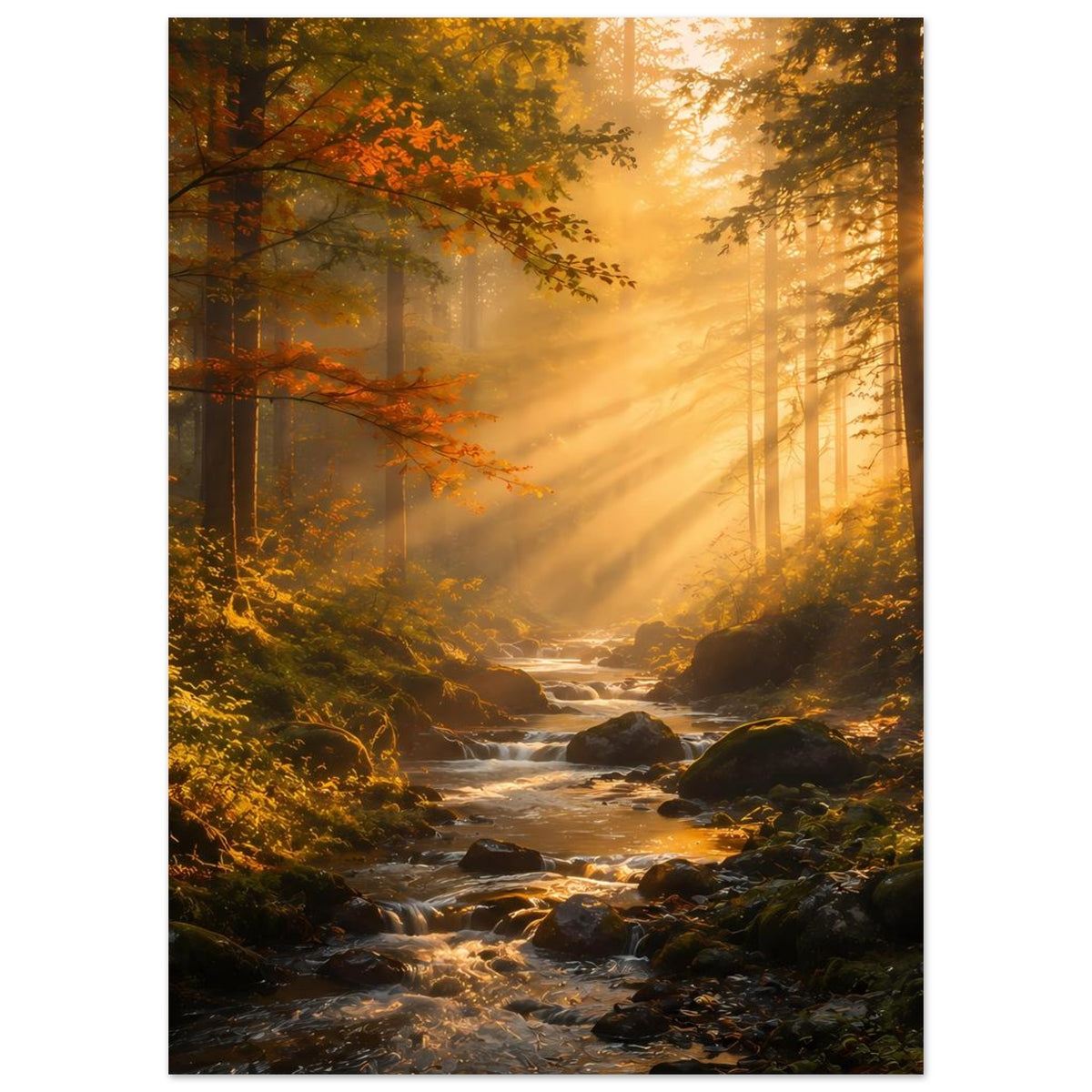 Poster: Sonnenaufgang im Wald mit Lichtkegel, Bach zwischen Felsbrocken