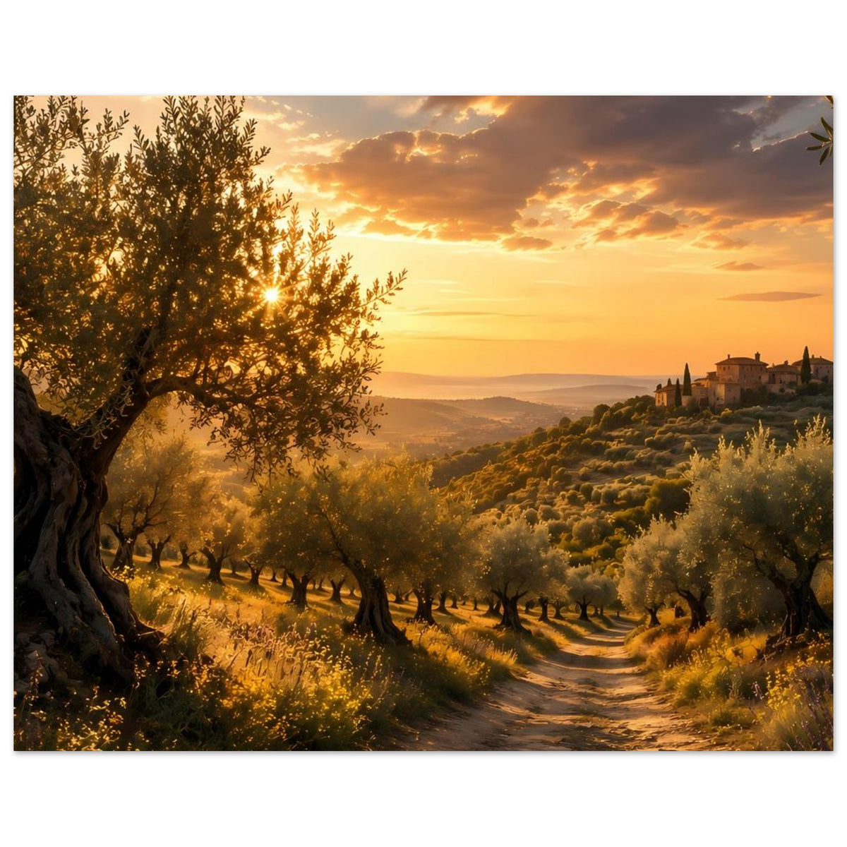 Poster mit Olivenhain und Feldweg, Dorf am Hang im goldenen Abendlicht