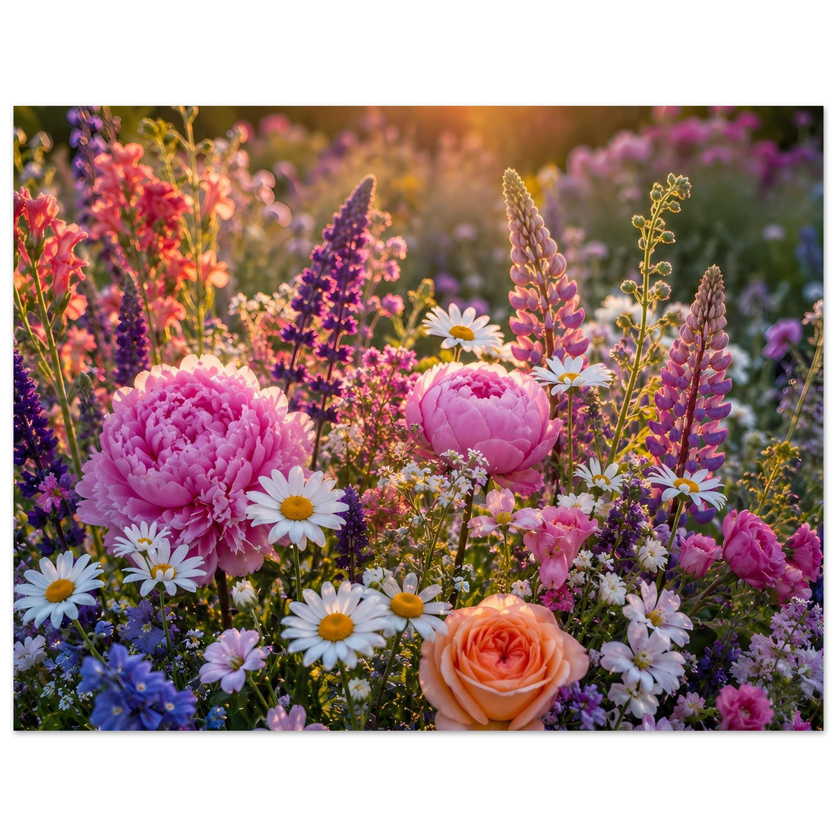 Blumenposter Querformat mit Pfingstrosen, Gänseblümchen und orangefarbener Rose