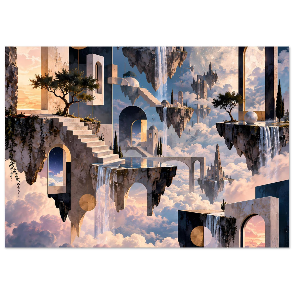 Poster mit schwebenden Inseln, architektonischen Rundbögen und Treppe links, Wolkenmeer im Vordergrund