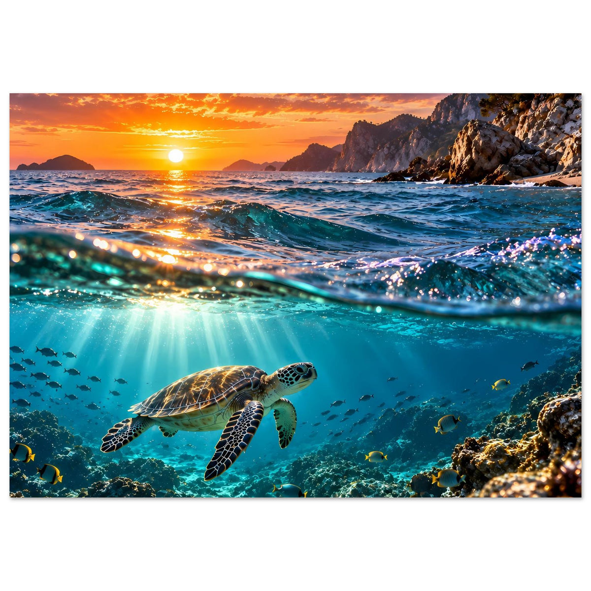 Meer-Sonnenuntergang Poster mit Meeresschildkröte, Querformat mit Küstenlinie