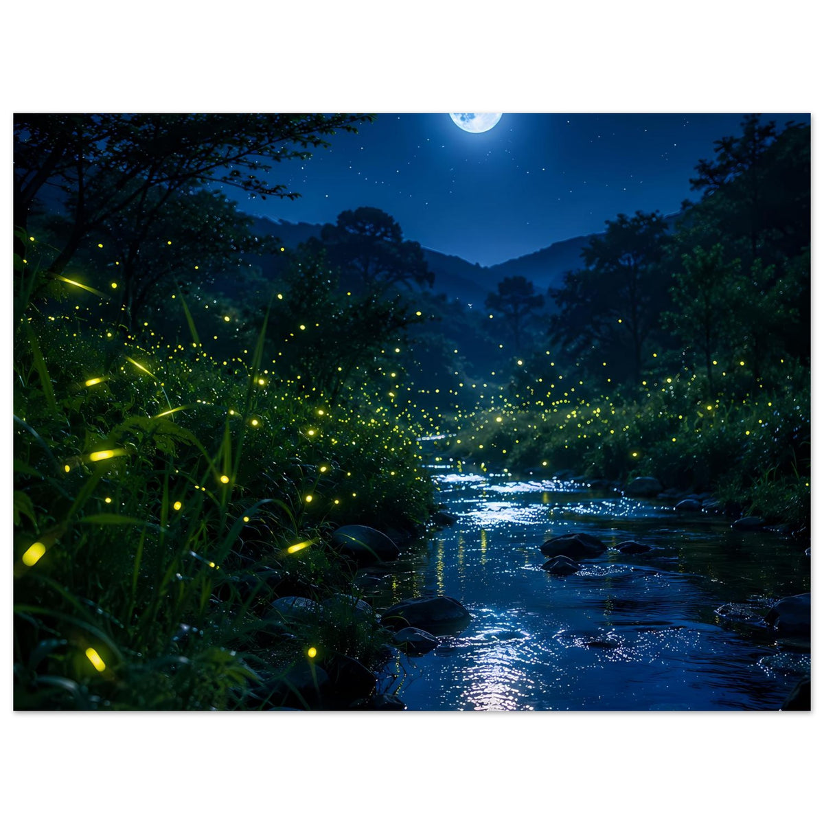 Poster mit Waldfluss bei Nacht, Glühwürmchen im Vordergrund und hellem Mond