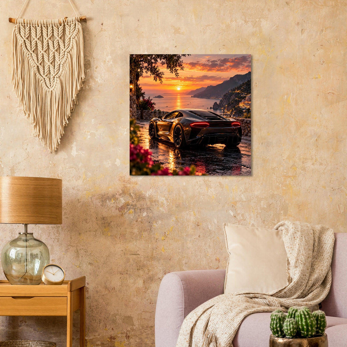 Kunstdruck Poster mit Sportwagen am Wasser bei Sonnenuntergang, im quadratischen Rahmen
