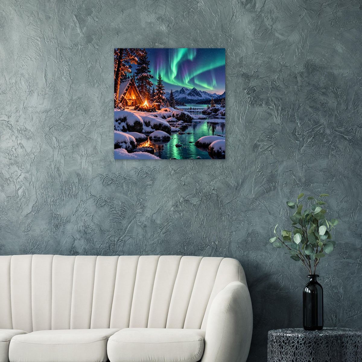 Blau gerahmtes Winterlandschaftsposter mit Nordlichtern, verschneitem Wasser und Feuerlicht