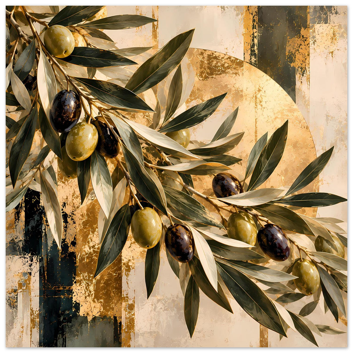 Botanisches Kunstposter: Olivenzweige mit dunkelgrünen Blättern und goldenen sowie schwarzen Oliven