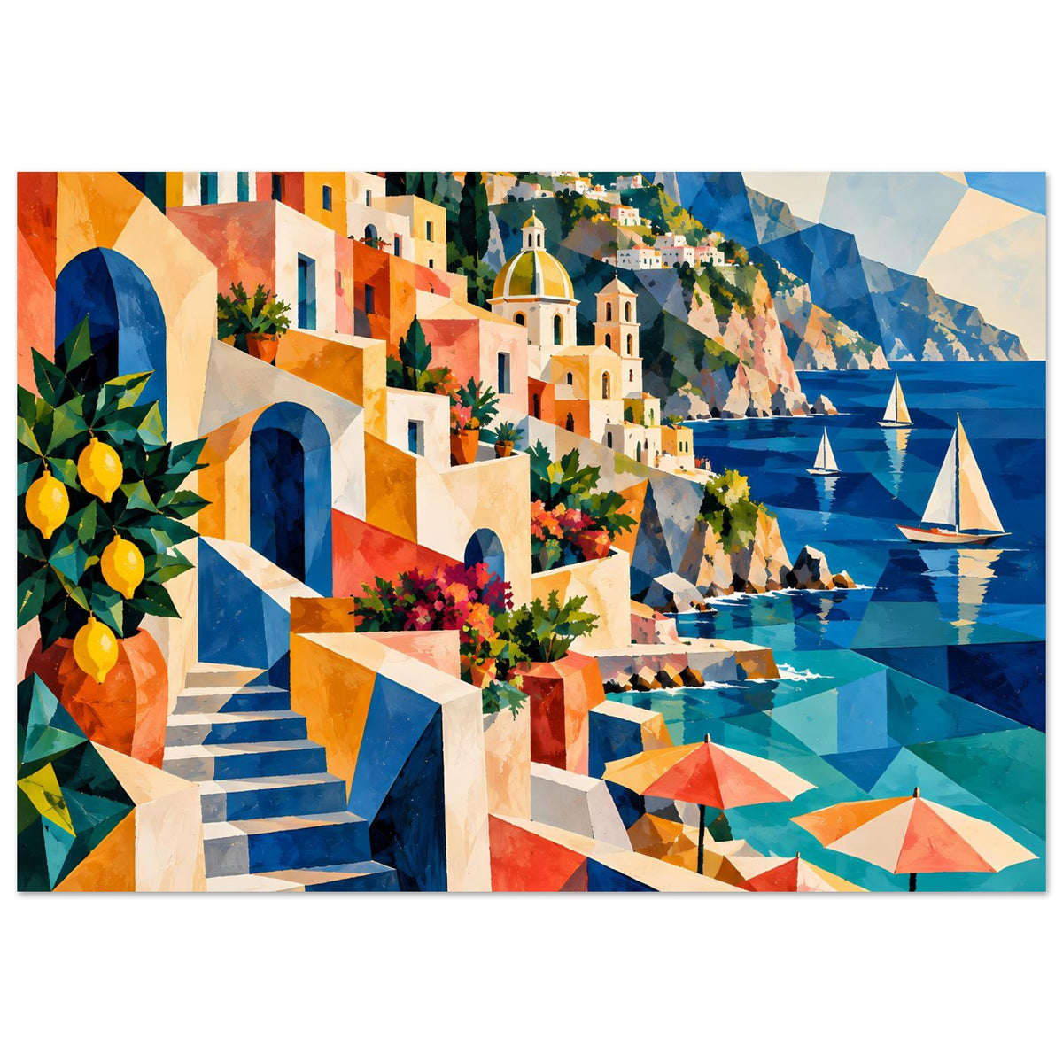 Kunstdruck: mediterrane Küstenszene mit Treppe, Blumen auf Terrassen, Meer mit Segelbooten