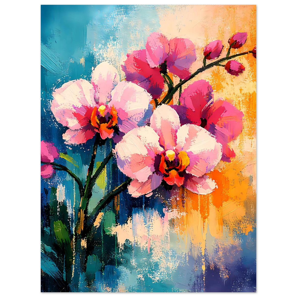 Senkrechtes Blumenposter mit abstrakten Orchideenblüten in Rosa, Orange und Blau