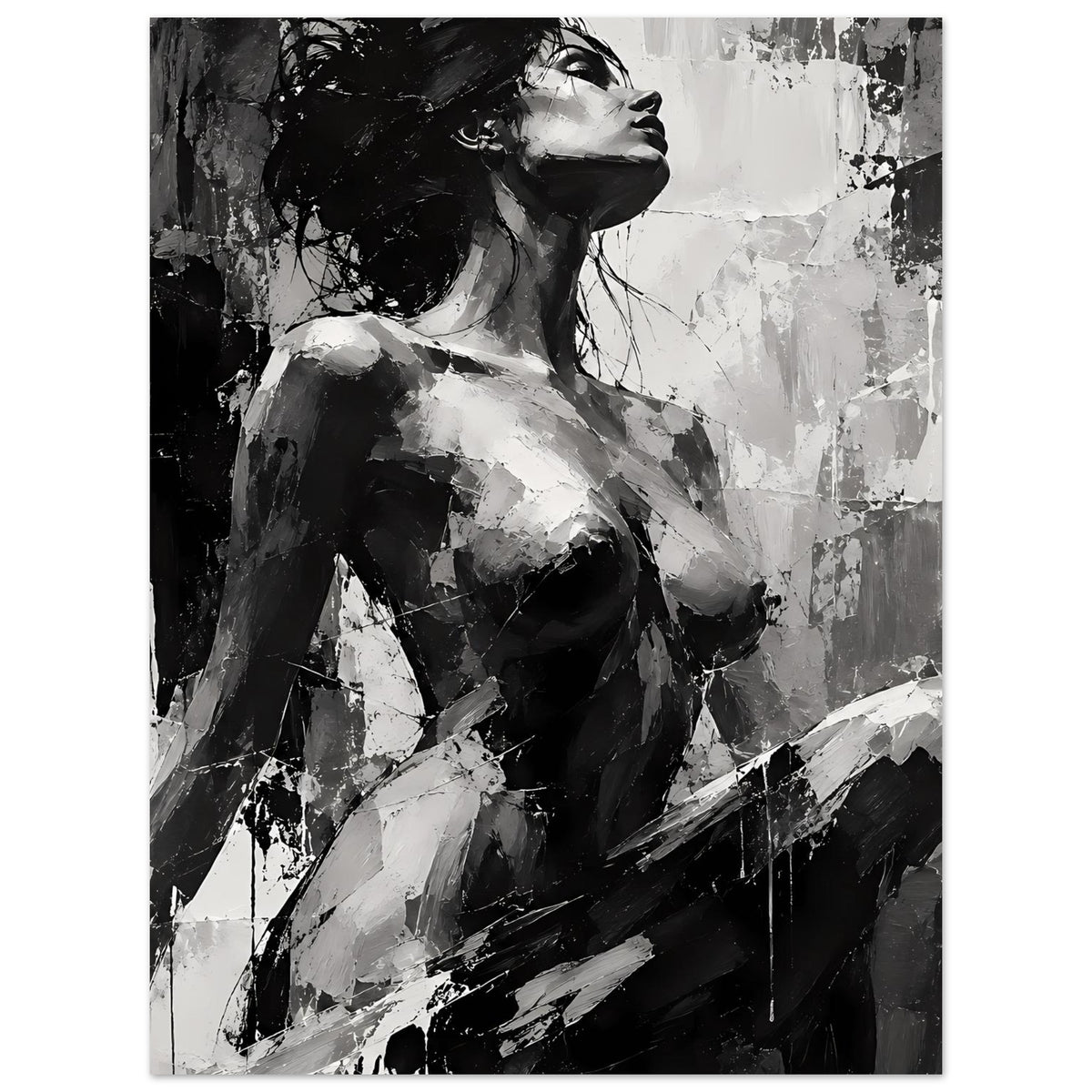 Kunstposter: abstraktes Frauenporträt in Schwarzweiß, erhobener Kopf, dunkle Schatten