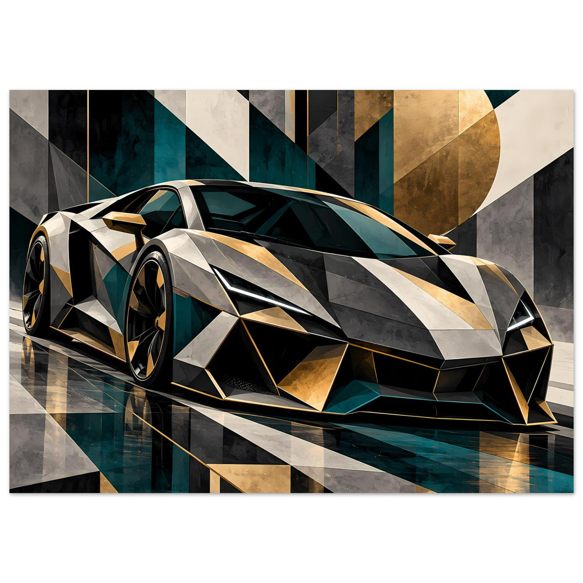 Autoposter: geometrischer Luxus-Sportwagen mit goldenen, petrolfarbenen Facetten
