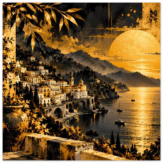 Poster mit Sonnenuntergang an der Küste: goldener Mond, Wolken, Stadt am Hang und Schiffe