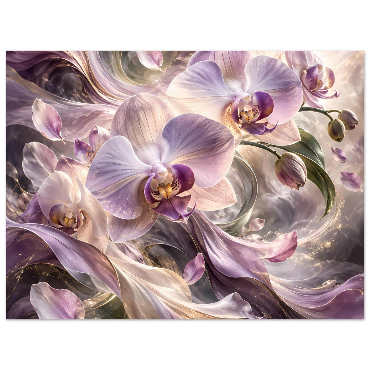 Blumenposter mit violetten Orchideenblüten, cremefarbenen Blütenblättern und Ranken