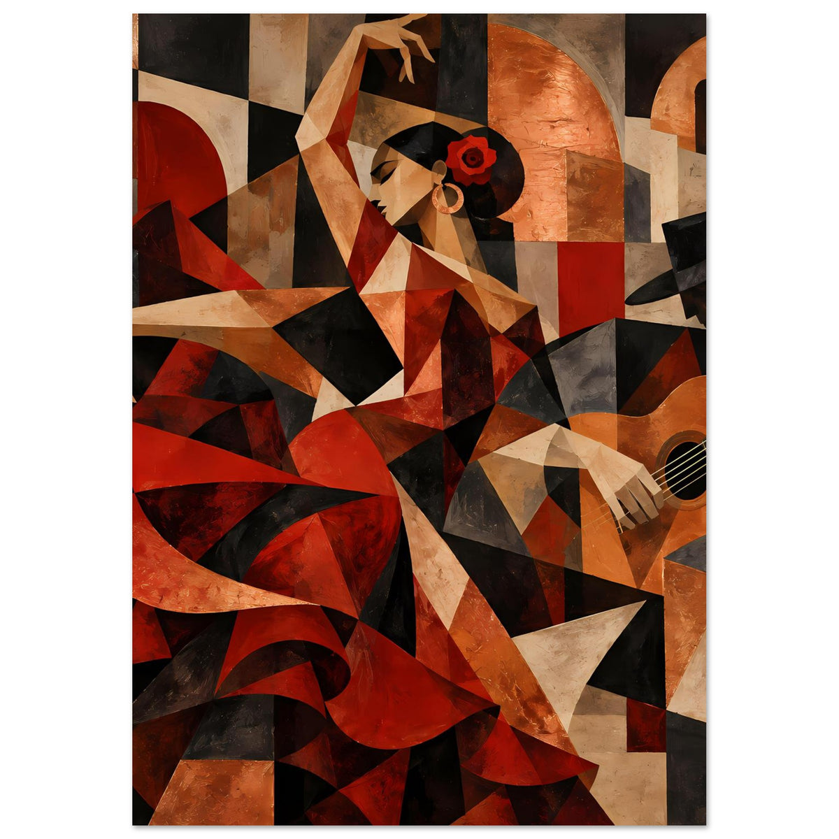 Kunstposter mit Flamenco-Tänzerin-Illustration aus geometrischen Flächen, rote Erdtöne, Gitarre rechts