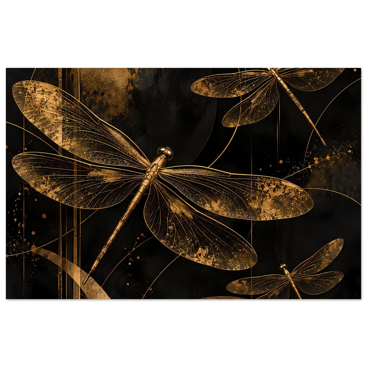 Wandposter mit goldenen Libellen, horizontales Motiv auf dunklem Hintergrund