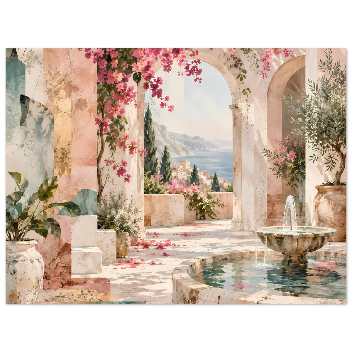 Kunstposter: Arkaden, rosa Blüten und Steinterrasse mit Brunnenbecken rechts