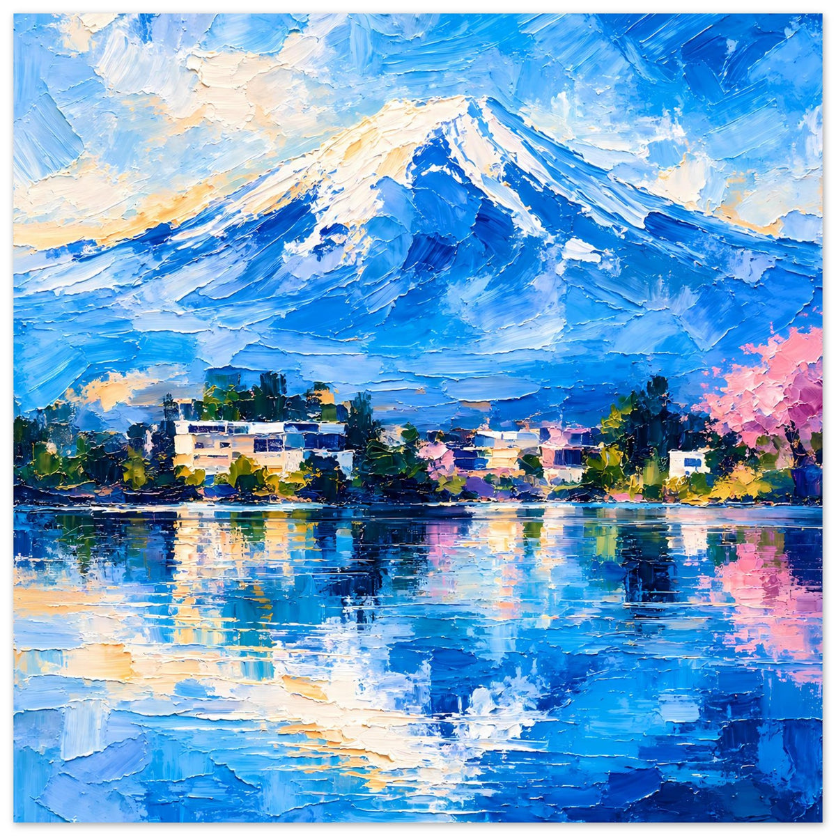 Poster mit blauem Gebirge und See-Reflexion, farbige Bäume und Gebäude im Vordergrund
