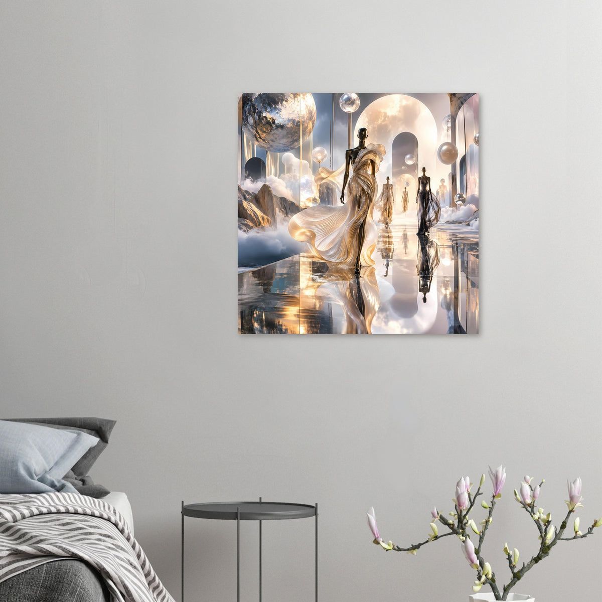 Fantasy-Poster mit goldener Figur und Reihe dunkler Gestalten im Lichtbogen