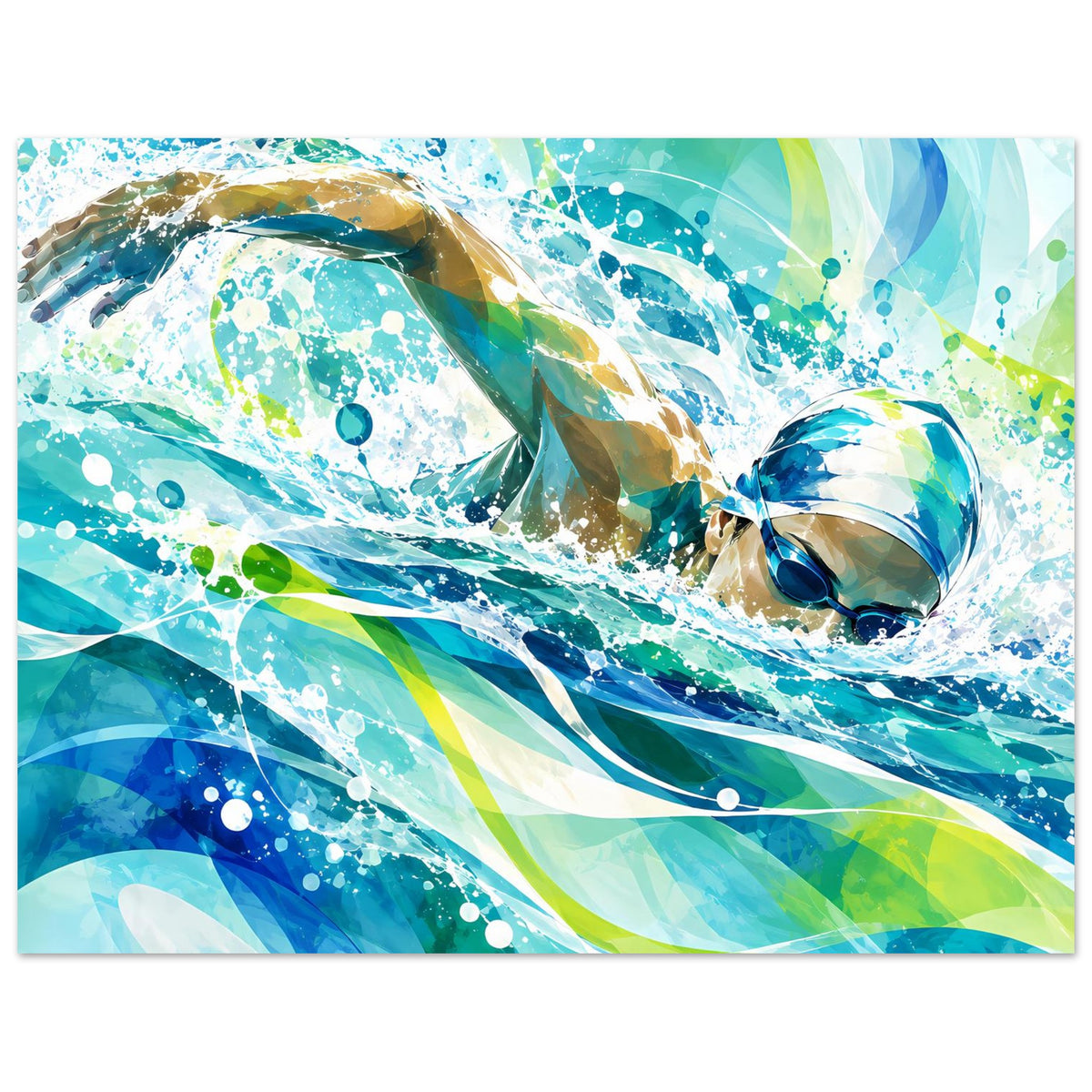 Poster mit Schwimmern im Wasser, leuchtende Blau- und Grüntöne, weiße Sprenkel und Blasen