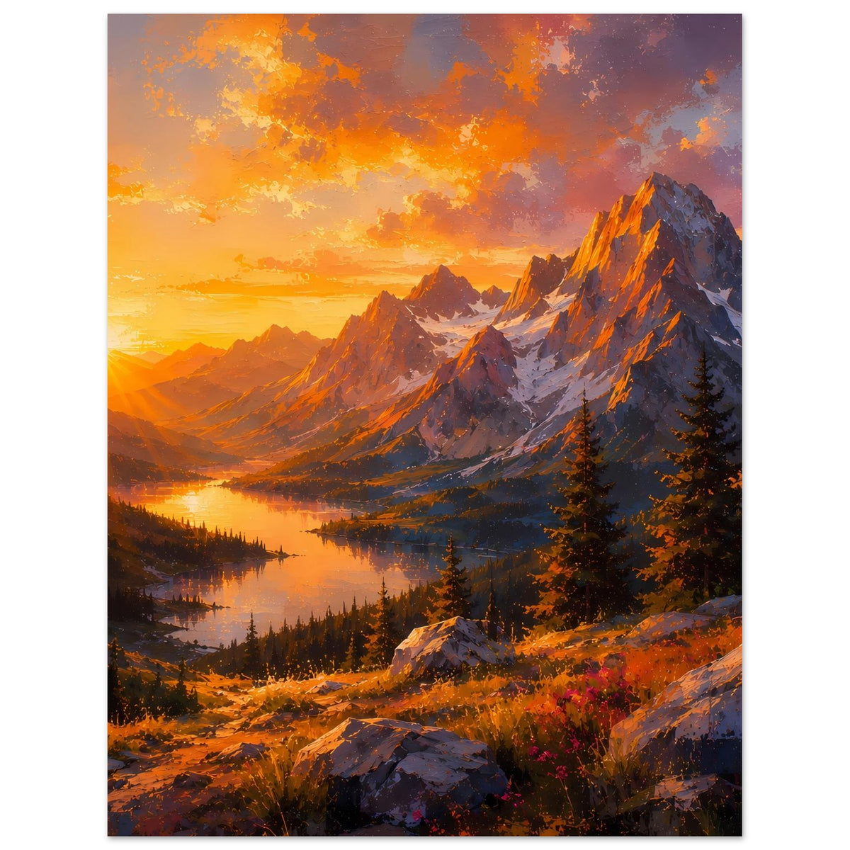 Hochformat-Poster: warmes Abendlicht über Bergen, Tannen und langem See